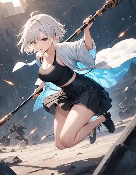 masterpiece,  top quality, Full Body Art,  girl, Age 25,  penetrates , Breasts size 3 , White short hair,  black t-shirt, White Haori,  black skirt, battlefield staff,  dynamic pose, battlefield