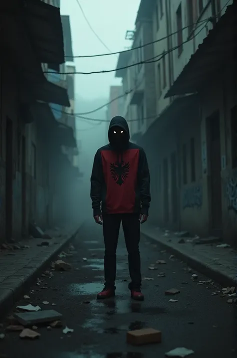 A guy in a ghetto dark place with mask
And albanian flag