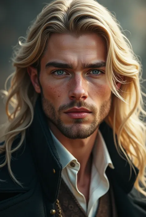 I want a picture of a very beautiful noble young man who has long soft blonde hair, a blonde beard and blue eyes who is very noble and handsome 