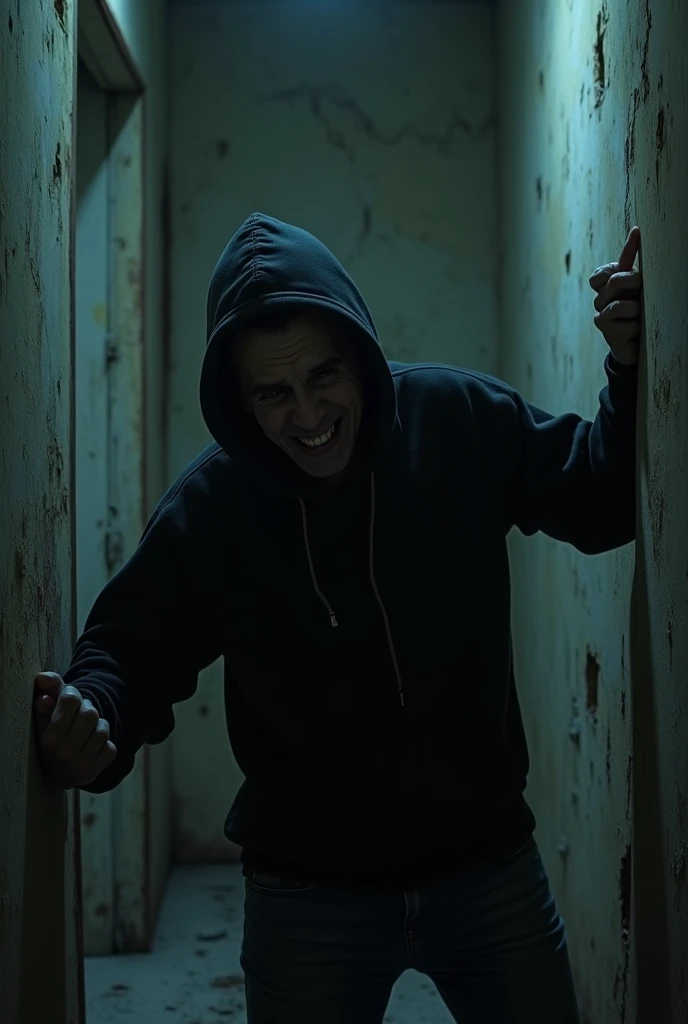 Creepy image of man dressed in black sweatshirt stuck trying to escape from an old and creepy room