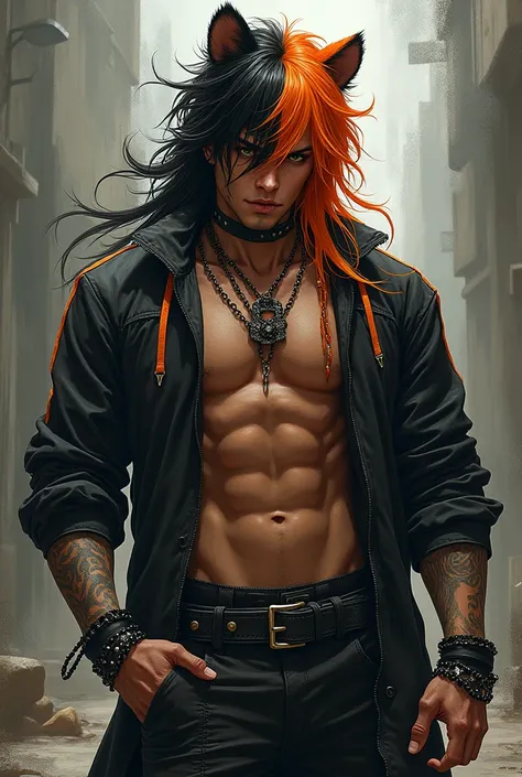 Does a muscular brown guy emo goth with black hair orange locks,with tiger ears and tail with black bividi anime style
