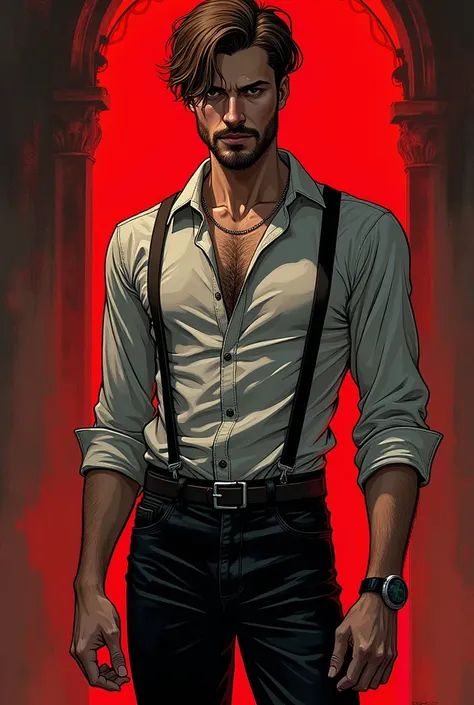  Man with a thin body similar to what we call today as  "twink",  has a slightly attractive face with short light brown hair and a beard that is similar to that of Dorian from Dragon Age Inquisition.

For his clothing I want you to draw him with a shirt ro...