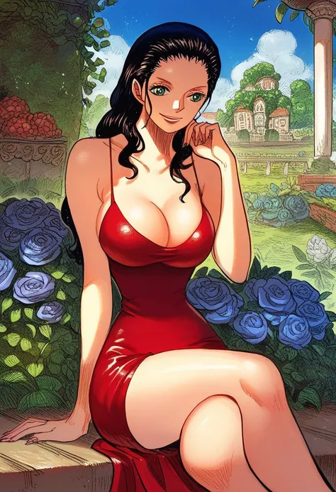 score_9, score_8_up, score_7_up, score_6_up, score_5_up, score_4_up,sitting,smile,long tight red dress,detailed,in night garden, cleavage medium breast, n1k0r0b1nps, black hair, 1girl, solo, long hair, hair slicked back, Shining  breasts, anime artstyle,se...