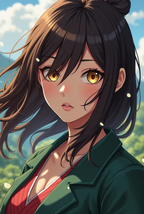  An anime girl in the style of the anime Naruto, brunette with long wavy hair , and golden eyes