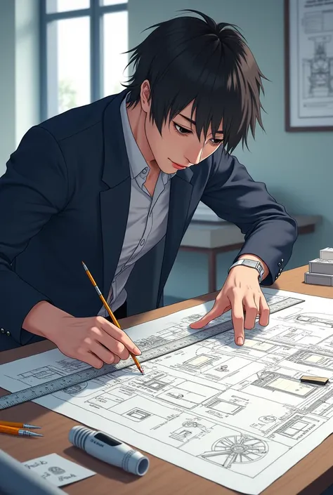 Create an image in the style of Makoto Shinka An engineer using a ruler and a blueprint, carefully measuring and noting down dimensions.