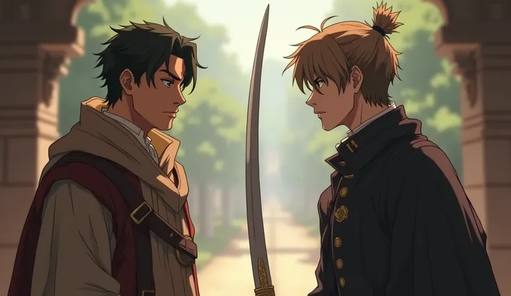  A man of humble appearance ,  in worn but dignified clothes ,  confronting a gentleman who is unraveling his sword. The man looks with determination at ,  while the gentleman watches him with disdain .  Anime style with emotional details .