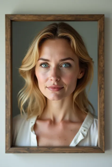 Framed photo of a 45 year old womans face with blond hair and blue eyes