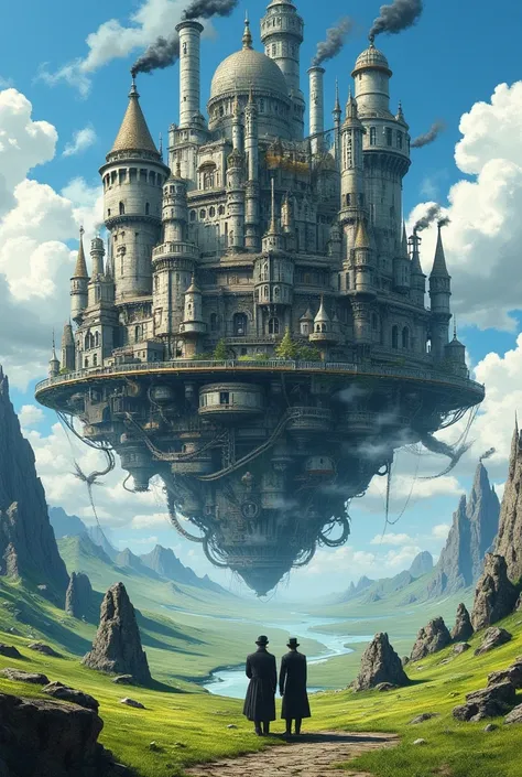  A large spaceship with aircraft carrier inspired by steampunk ,  designed to have the silhouette of a city without looking exactly like a .  The structure is an asymmetric and complex fusion of mechanical parts ,  gears and steam engines ,  floating above...