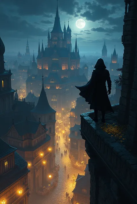 (anime type image), Stealing gold, Medieval fantasy city.