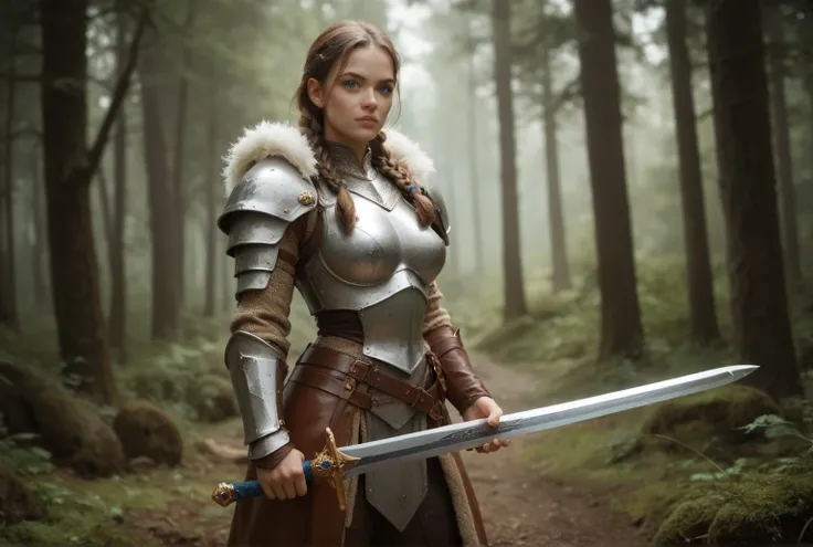 Attractive female warrior, forest,  blue eyes, brown hair,  Super Detailed,  Long Hair, brown leather armour, fur clothing, holding a broadsword, braids, 