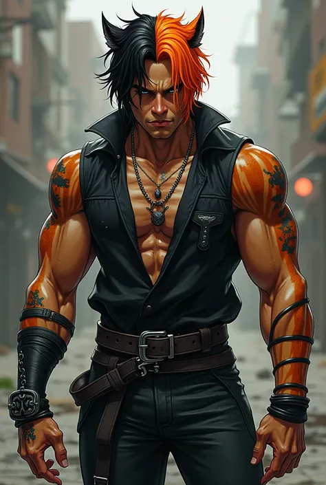 Does a muscular brown guy emo goth with black hair orange locks,with tiger ears and tail with black bividi anime style
