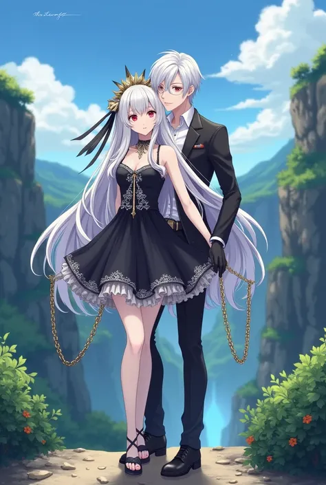 ravine,  and branded chains around the neck ,  with a beautiful landscape backgroundAn anime girl with a beautiful body ,  strong gray skin color ,  with long white hair, and red eyes,  with a short black dress with white details,  and very beautiful tiara...