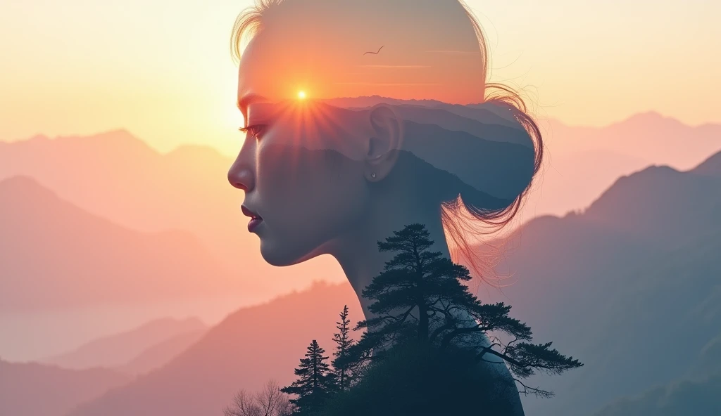 A stunning double exposure in 8K Ultra HD that combines the silhouette of an Asian woman, with serene and graceful features, representing a goddess, with the mountain landscape at sunrise. Within the silhouette, the majestic mountains, shrouded in mist and...