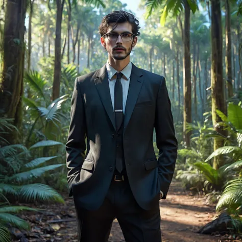 Ultrarealistic full-body portrait photograph of young, nerdy Caucasian man, tall lanky physique and pale skin, with realistic eyes, looking dirty and tired, with messy spiky black hair, and a stubble beard, wearing an old black suit, standing in front of a...