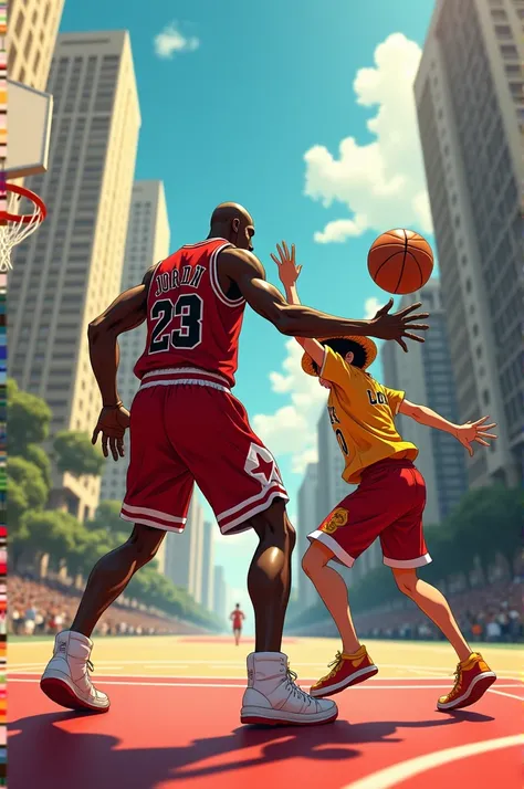 Micheal jordan che gioca a basket con luffy di one piece