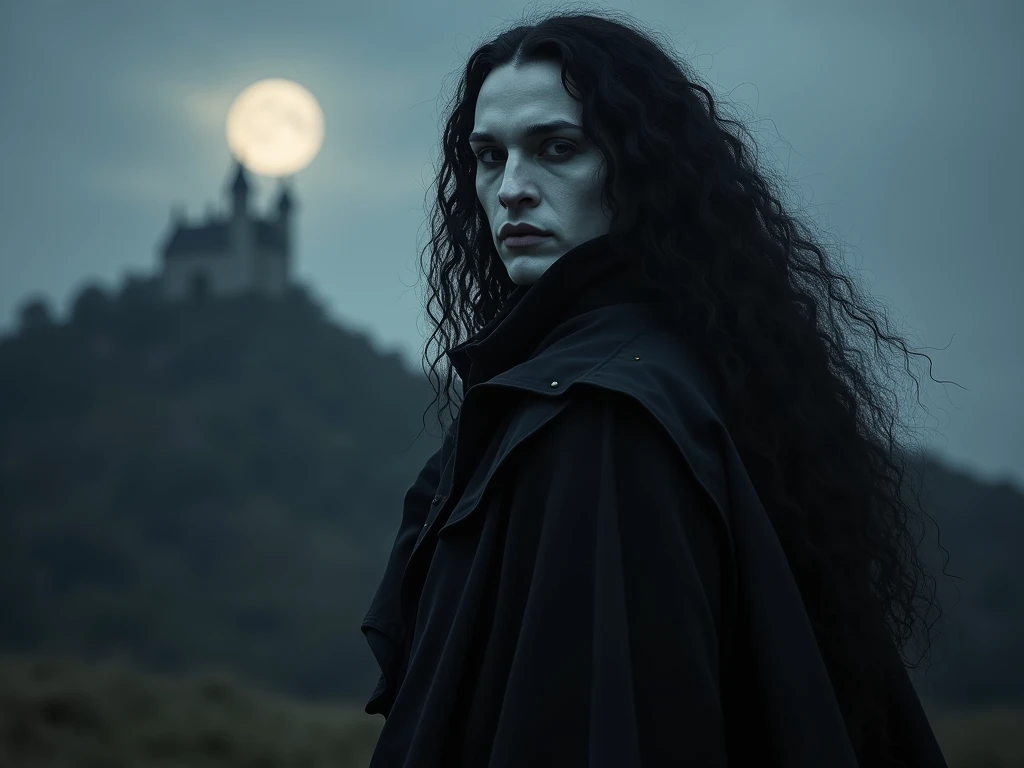  Gothic vampire ,  long hair,  extremely white skin, 18th century outfit , Dark clothes, terrifying look ,  hyperrealistic,  background of distant castle on top of a hill. sideways. darkness. 20 years old, muscular.  long curly hair . En cuclillas. Landsca...