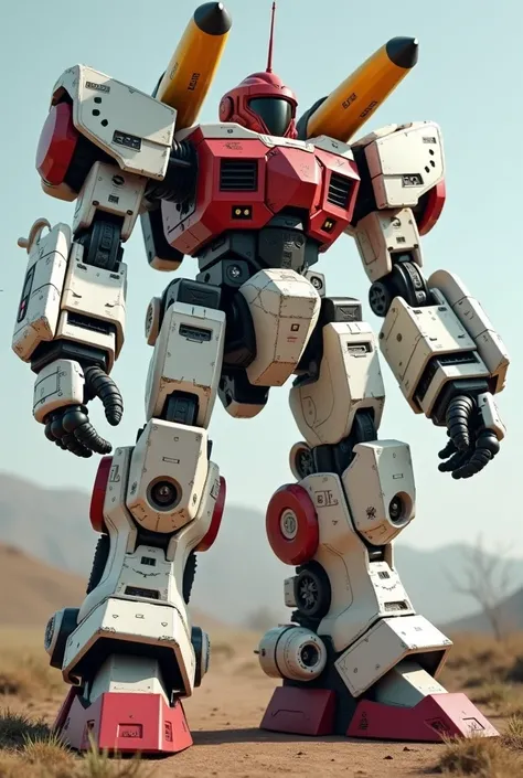 4K, 3D rendering. A heavily-armored, heavily-armed giant combat robot standing in the wilderness. Its body is primarily white, with red and yellow accents that enhance its powerful and combat-ready appearance. The head features a helmet-like red design wit...