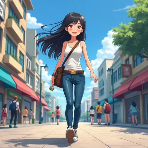 1girl, anime girl, dark hair, slight tan, jeans, form fitting white tank top, long hair, round neckline, walking, carrying messenger bag, happy, in the streets, sidewalk, city, walking in the sidewalk, anime girl, encounter, keychain hanging on pants