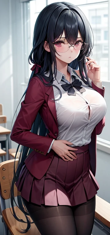 masterpiece,  Best Quality , 1 Girl,Big Breasts, pantyhose,  long hair ,Open the jacket , white shirt ,  tight shirt ,skirt,  permanent,  Brutal expression ,  pink eyes , classroom, window, modeling,