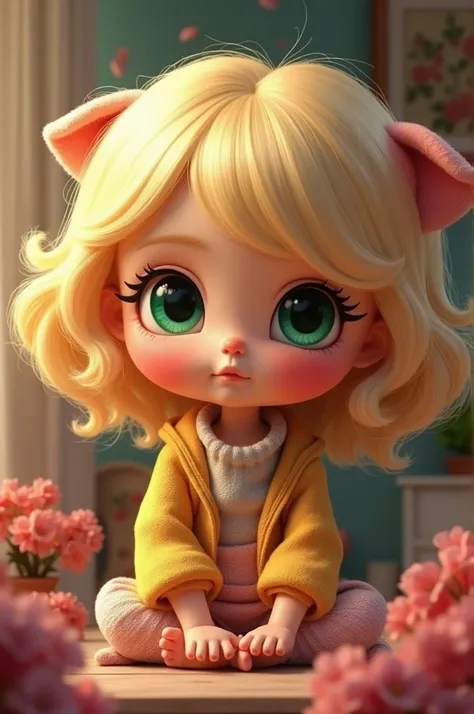  Cartoon style doll, Hair.Big wavy blonde , eyes.greens, steep nose 