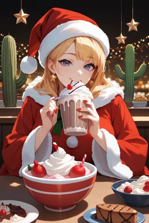 A cartoon-style cactus character eating an acai bowl and a milkshake with a Santa Claus hat