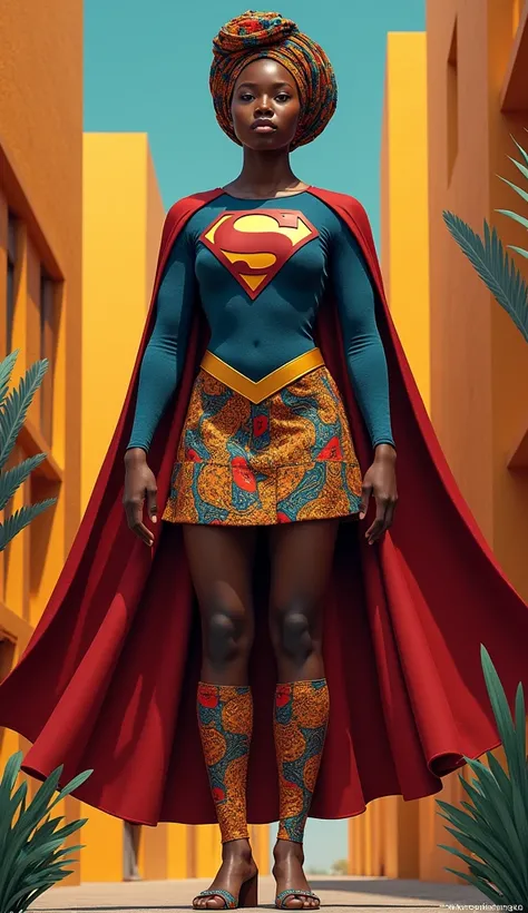 Supergirl featuring Ankara fabric patterns, a stylish headwrap, and bold geometric designs.