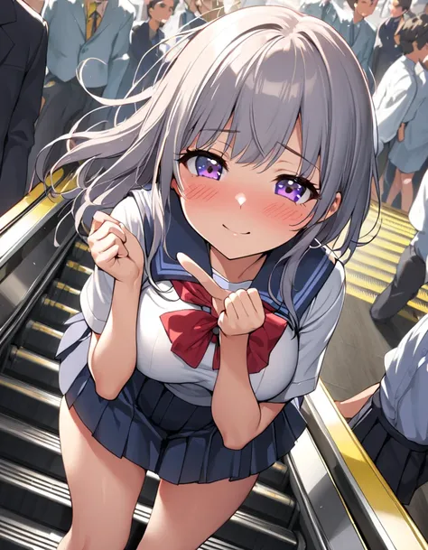 1 girl in school uniform, 20yo, JK, facing forward, angle from above, wide escalator at station, legs spread, leaning forward, (no panties, holding them in hands), shy smile, blushing, (extremely short pleated skirt fluttering in the wind), (crowd behind h...