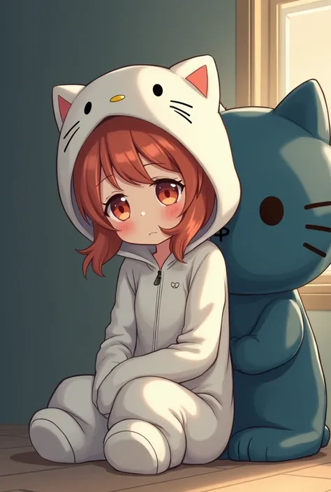  little anime girl with medium-orange red hair wearing a white hello kitty costume and with a dark blue ded hello kitty planter, with a tender face and crying 