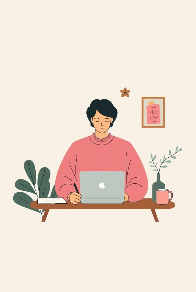 This is a simple illustration showing a person working or studying at home.  The figure is wearing a pink sweater and is sitting at the table with an open laptop. There is also a cup  ( probably of coffee or tea ) next to.  The person is writing or taking ...