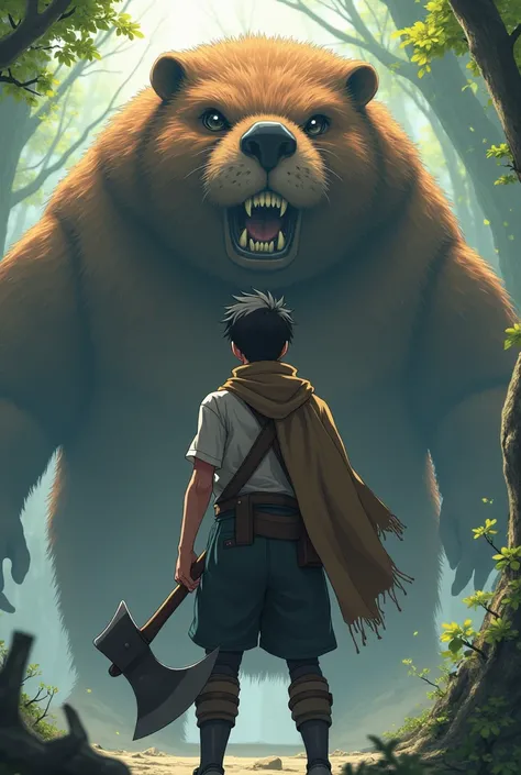 Anime fantasy style, a man with an axe faving forward, behind him is a giant beaver monster as his alter ego