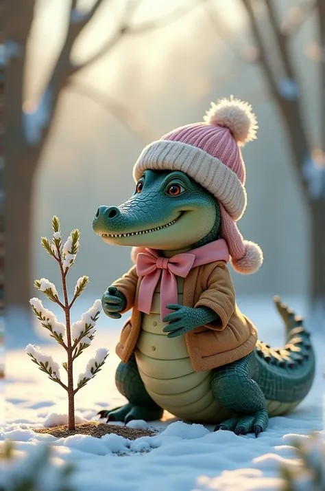 Female crocodile with pink bow and winter hat planting a tree in the park in winter season 