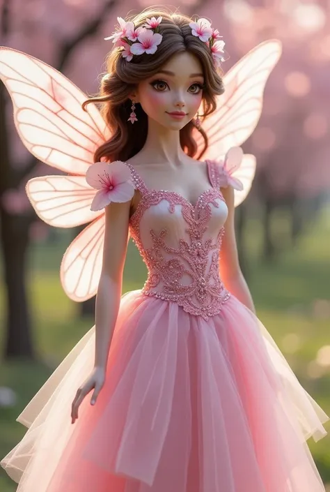 The April cherry blossom fairy is a vision of springs full bloom, her dress a delicate blend of soft pinks, white and touches of lavender reflecting the ethereal beauty of cherry blossoms in full flower. Crafted from silk and organza, the gown features lay...