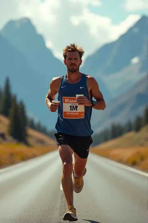 A Man with sort hear  running on road. On one right hand meal and  on left hand coffee. On chest have marathon bib. Background have mountains