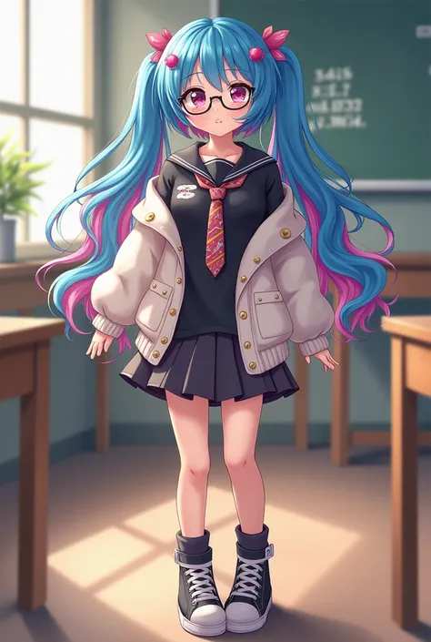 Does a white girl blue and pink hair with lenses black shirt tie sweater and skirt with foot warmers anime style school shoes