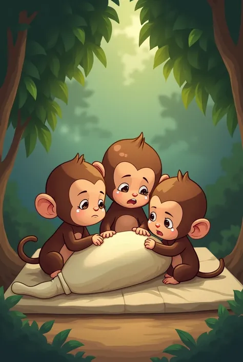 Cute cartoon of three monkey ren grieving in front of their mother on a mattress from a leaf in a tree house