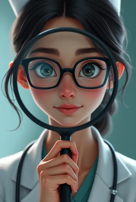  nurse in white coat ,  light brown skin , Black glasses ,  black eyes,  looking through a magnifying glass showing her bigger eye,  and with a curious facial expression 