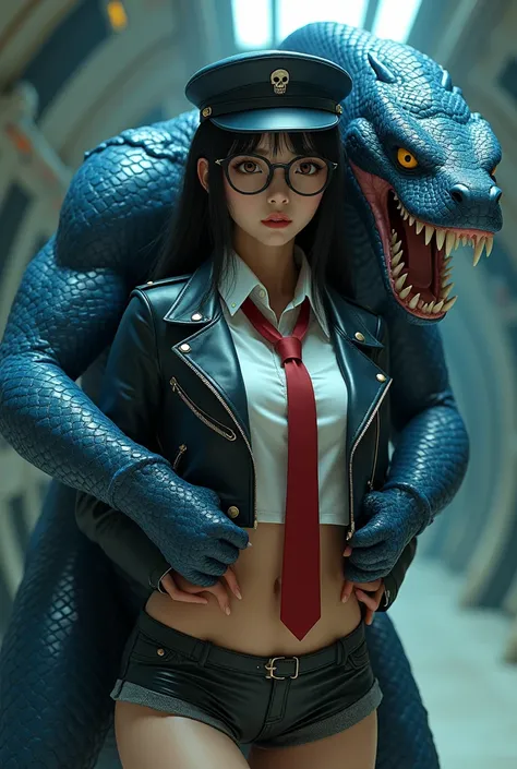 (High quality, masterpieces, Realistic and detailed depiction), One Japanese woman (32 years old) hugged and pinched her nipples by snake-head humanoid monster from behind, covered in blue snake skin leggings downwards from her lower back, Beautiful face w...