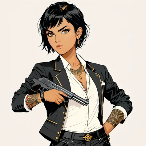 girl, tomboy, tanned, short hair, black hair, gold eyes, perfect lighting, upperbody, extremaly detailed eyes, simple background, neutral face, white shirt black jacket, black pants, holding a gun, masterpiece, ratatatat74, tatto under eye, cross tatto, ai...