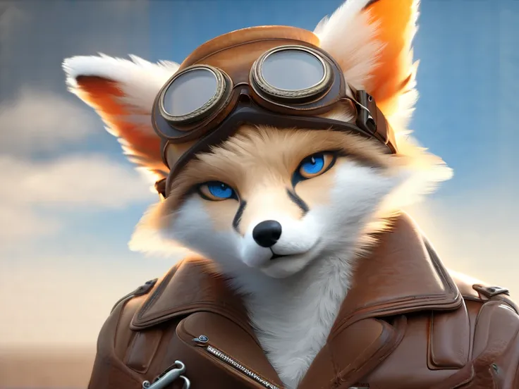 Anthropomorphic fox character, fluffy ears and bushy tail, confident stance, serious expression, detailed fur texture. Wearing vintage pilot outfit: brown leather aviator jacket with white fur lining, utility belt with pouches, gloves, aviator cap with gog...