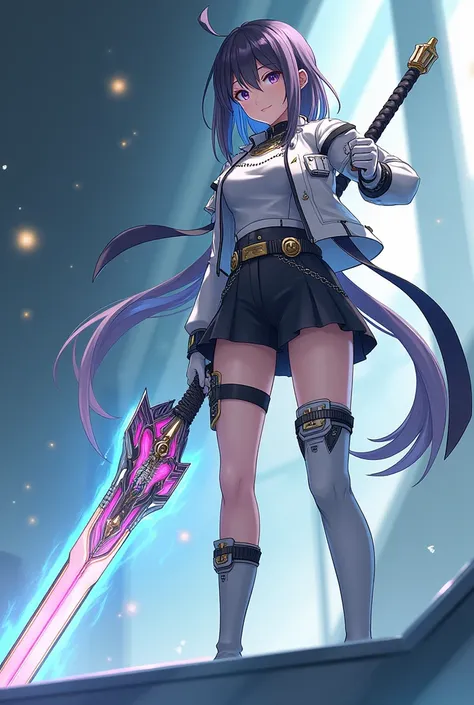 A girl dressed in a uniform with a short skirt and wearing a white jacket with the inscription millenium on the back who is holding a large weapon called the supernova sword