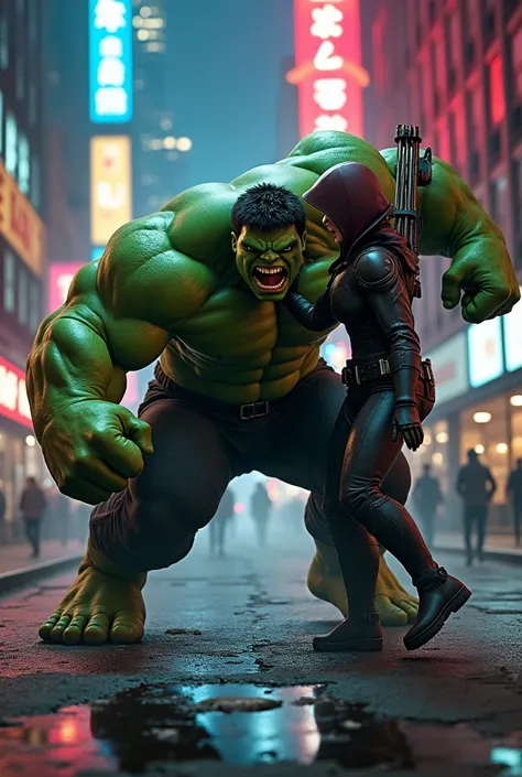 "Hulk and Hawkeye clashing in a dystopian city, vibrant neon lights reflecting on the cracked streets, dramatic action with intense expressions, highly detailed textures, surreal atmosphere, and cinematic lighting --v 6 --w 500 --style standard --relax"