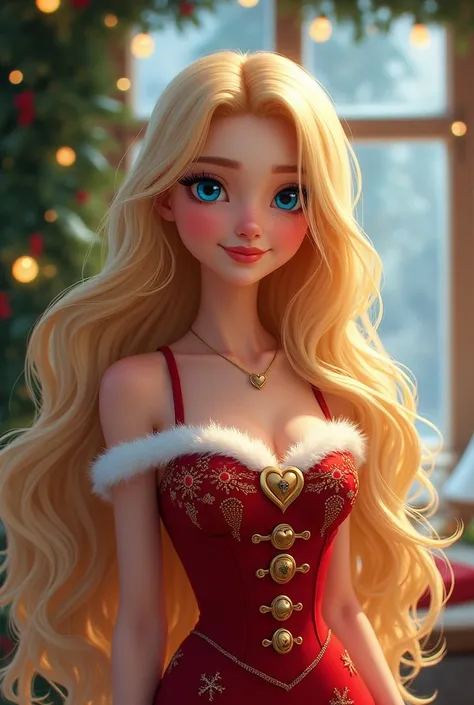 Suzy Cortez, blue eye,  long blond hair,  christmas outfit, disney pixar drawing