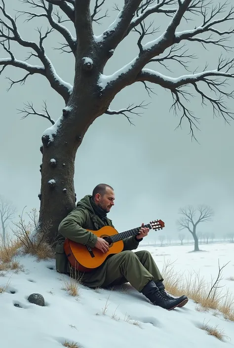 Battlefield With 5 , the first soldier to have a classical guitar ,  resting under a tree with snow around him with 
