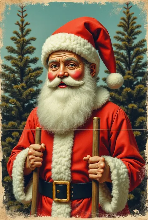 ((beautiful photo of Santa Claus, old repeated on a page, cropped)), exhibition, fine arts, pine tree, irregular, lines, grid, extreme screen printing, faded images, white space, large photos, cropped, off-center, ribbon, negative space, split image, blank...