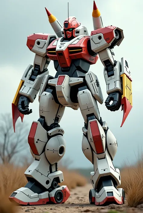 4K, 3D rendering. A heavily-armored, heavily-armed giant combat robot standing in the wilderness. Its body is primarily white, with red and yellow accents that enhance its powerful and combat-ready appearance. The head features a helmet-like red design wit...