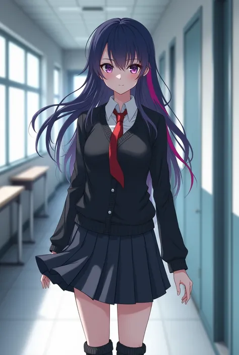 Does a serious white woman dark blue and pink hair with lenses black tie shirt sweater and skirt with foot warmers anime style school shoes 