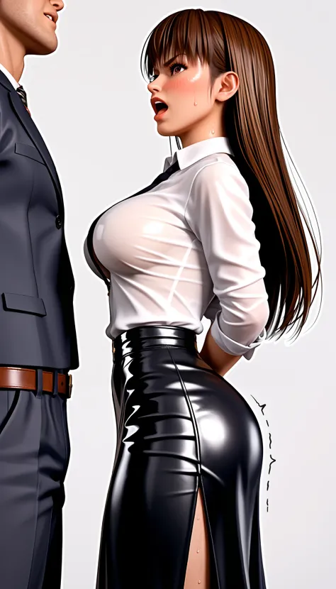 DOALeiFang, LeiFangDOA, gasp, {{{1 girl and 1 male}}}, {{{{{ Man standing between girl’s legs }}}}}, {{{{ Man holding girls thighs }}}}, shiny black leather tight long skirt with side slit, shiny white business shirt, arm-behind-back, {{ and bend your body...