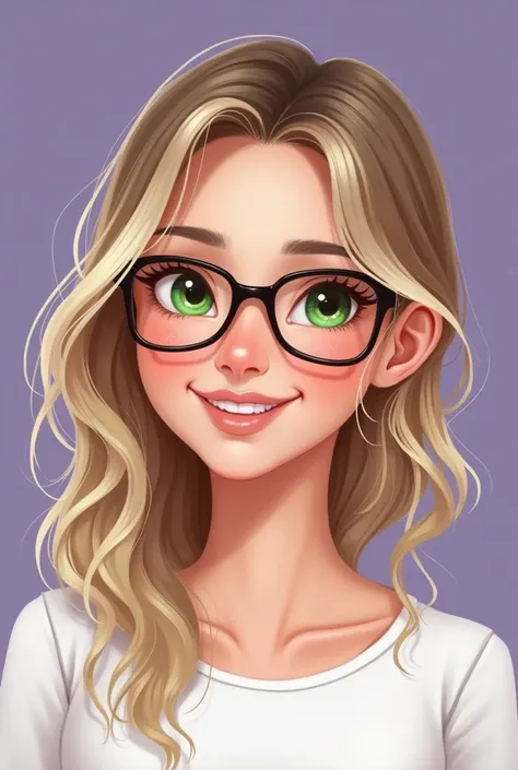 drawing of a 19-year-old white woman ,  slightly long wavy hair with some blonde locks ,  green eyes, wear glasses, slightly round oval face .  Leave her a little further away from the screen and with a friendly face. Use the purple background and white cl...