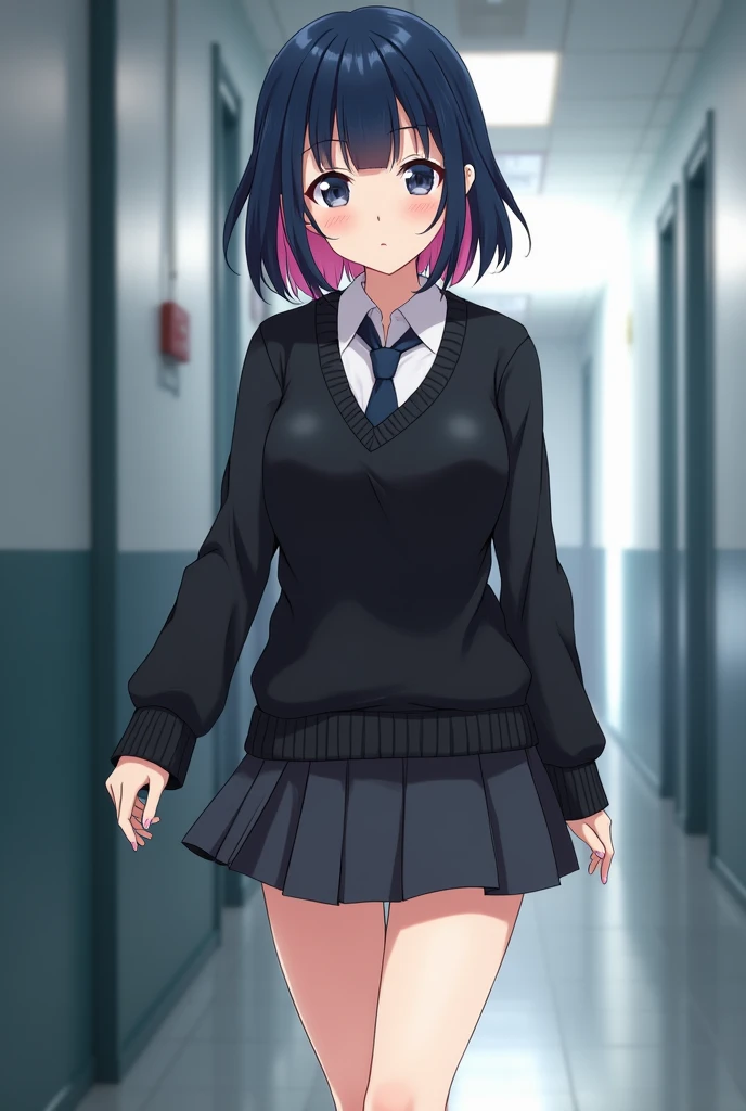 Does a serious white woman dark blue and pink hair with lenses black tie shirt sweater and skirt with foot warmers anime style school shoes 