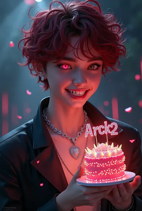  Make an image of a male teenager he has curly hair with red tips his eye is red he is smiling he has sharp teeth, His teeth are diamond on his neck he has a diamond necklace with the name ARCK2 written in diamonds pose he is holding a money cake  